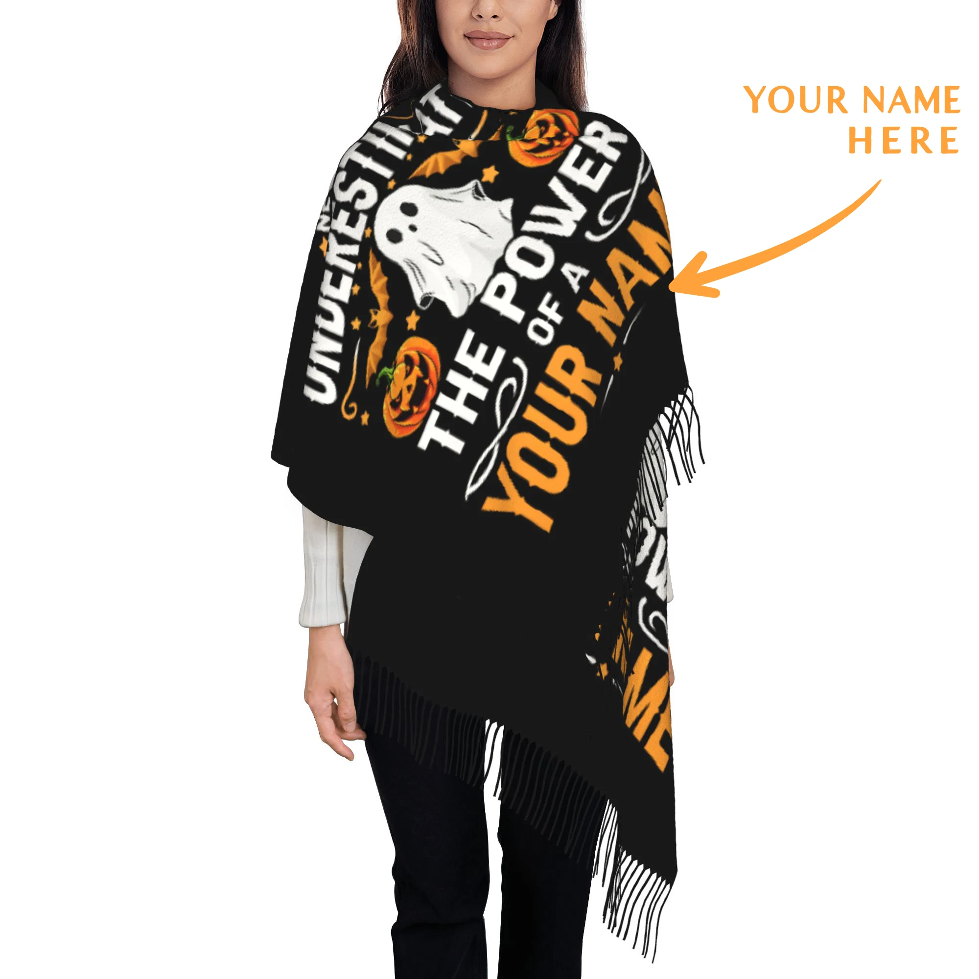 Custom Name Halloween Scarves Winter Fall Soft Warm Tassel Shawl Wrap Never Underestimate The Power Of Ghost Pumpkin Bat Scarf
