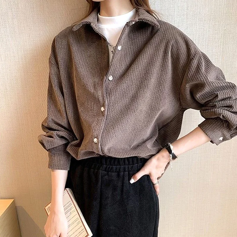 Autumn Winter Thin Corduroy Solid Loose Straight Button Turn-down Collar Casual Blouses Drop Sleeves Women\'s Clothing Dignified