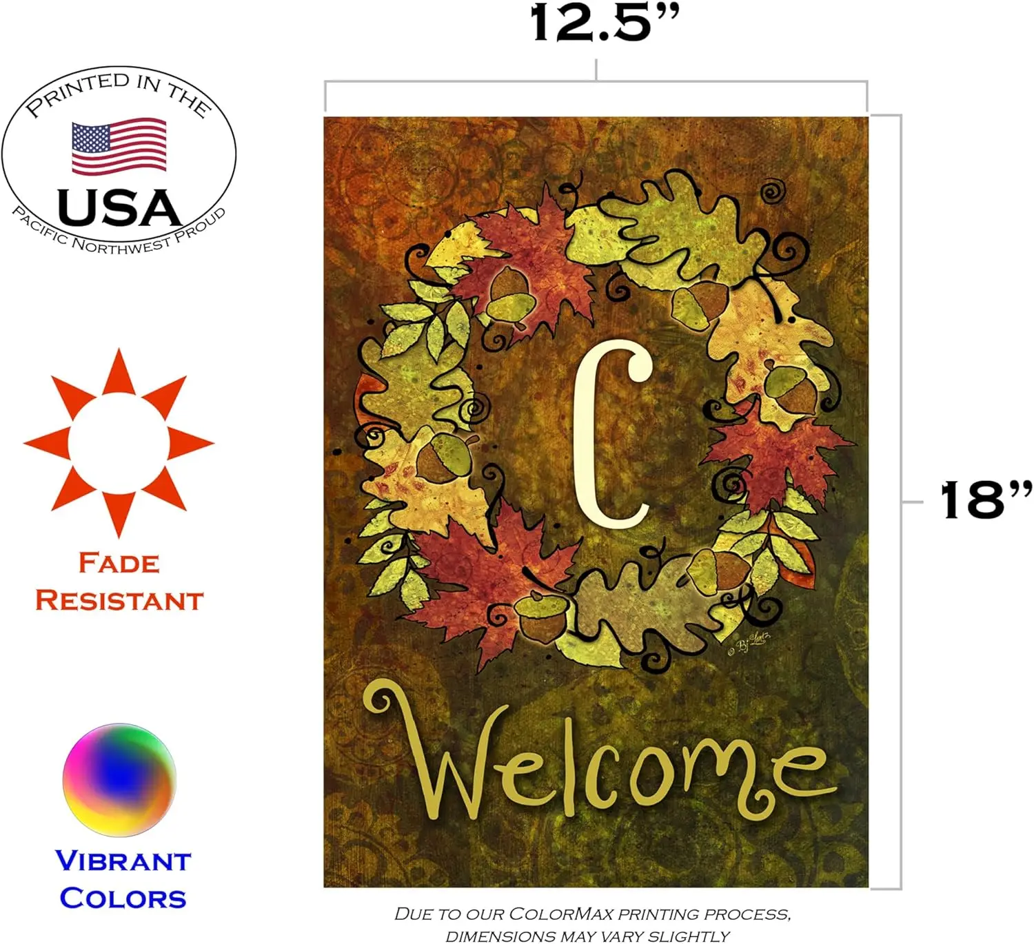 Toland Home Garden Fall Wreath Monogram C 12.5 X 18 Inch Decorative Autumn Leaves Welcome Initial Garden Flag