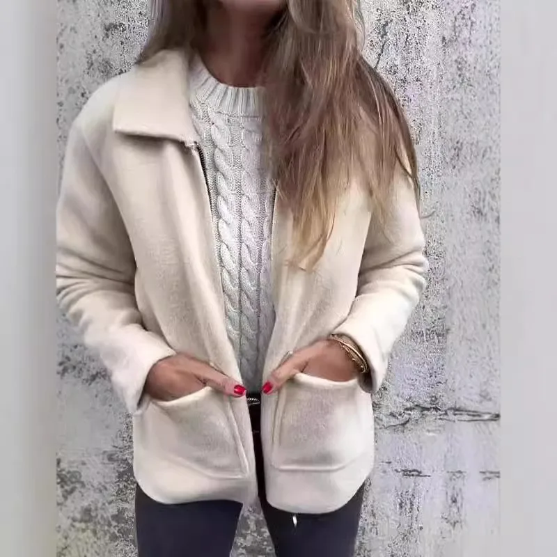 

Women Solid New In Coats & Jackets Casual Pocket Long Sleeves Turn Down Collar Zipper Straight Fit Outerwears 2025 Autumn Winter