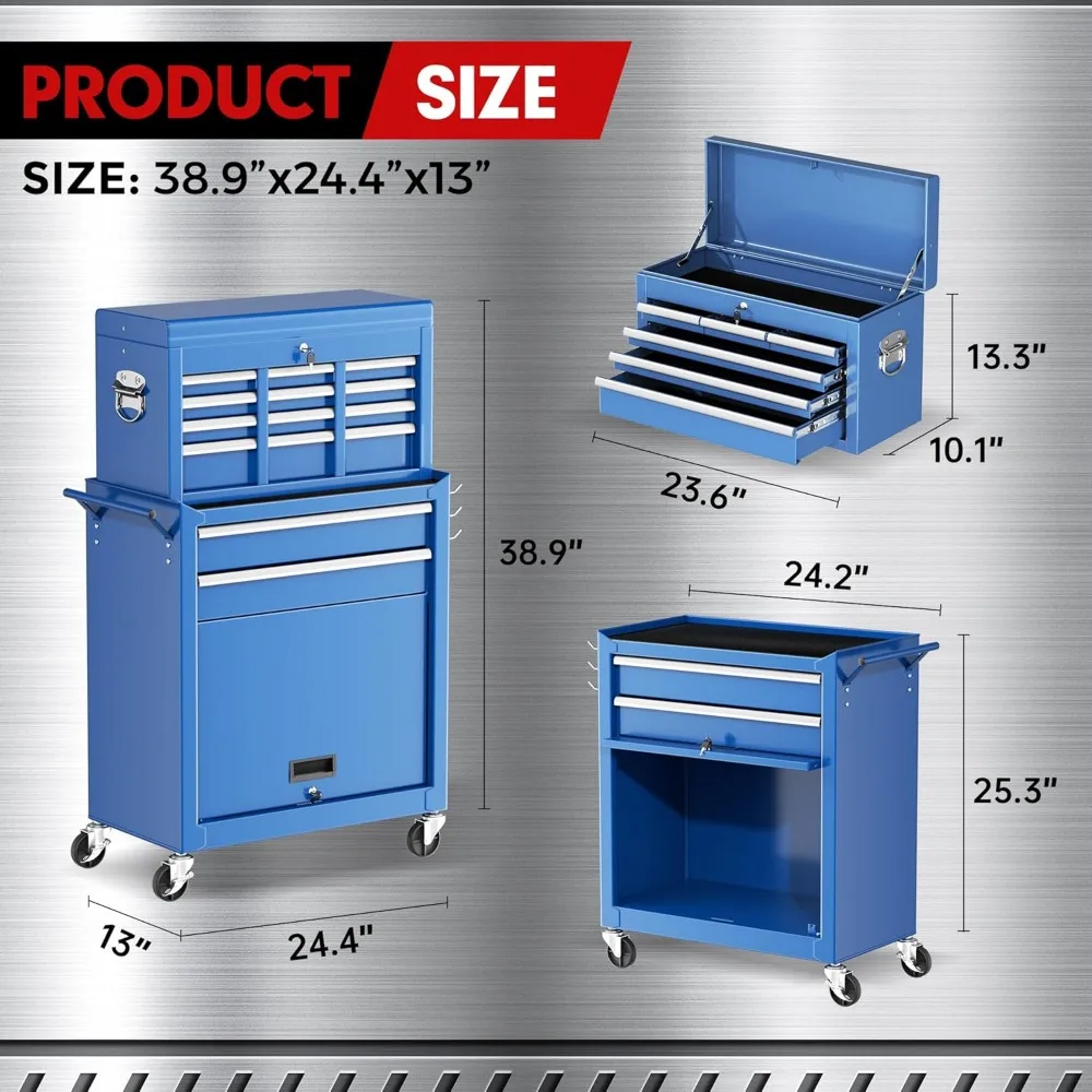 Cómoda grande para herramientas rodante de 42 pulgadas con 8 cajones, caja superior desmontable, mecanismo de bloqueo, carrito de metal para almacenamiento y organización