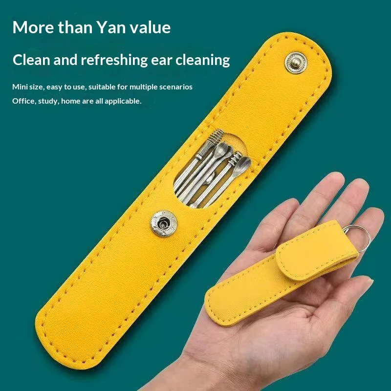 Stainless Steel Ear Pick Cleaning Kit Portable Leather Case Ear Wax Removal Tools Set Keychain Ear Spoon Cleaner