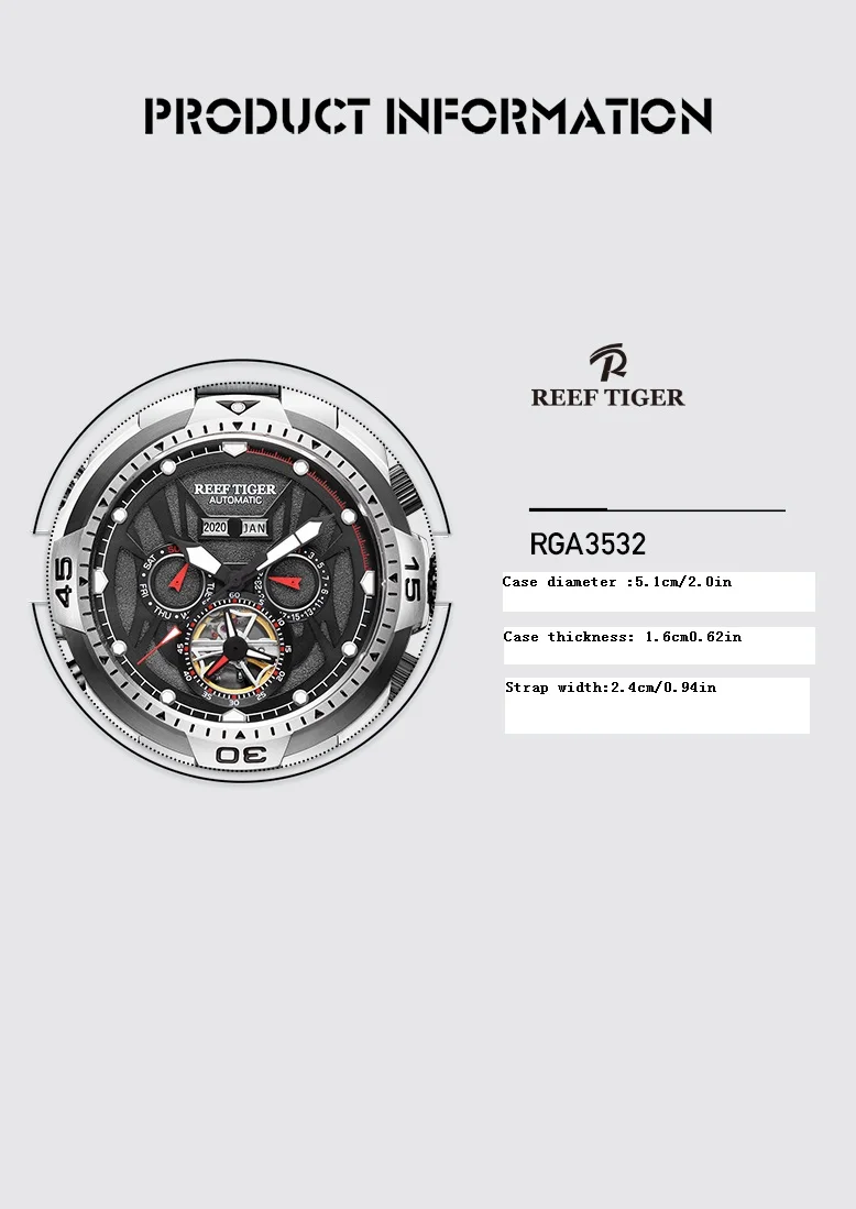 ساعة ميكانيكية أوتوماتيكية بالكامل من ماركة ريف تايجر، قرص كبير، ساعة رجالية أنيقة، ساعة رياضية رجالية عصرية