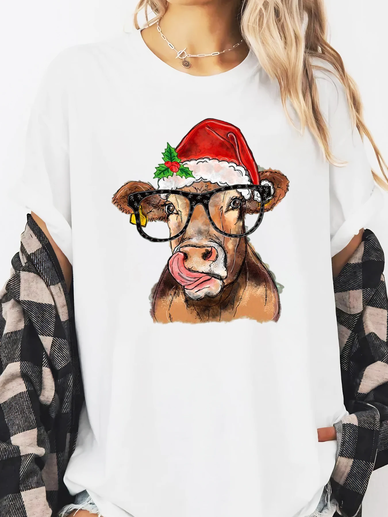 Cow with Santa Hat and Glasses Christmas Print Long Sleeve T-Shirt Women Casual Holiday Wear White Plus-size