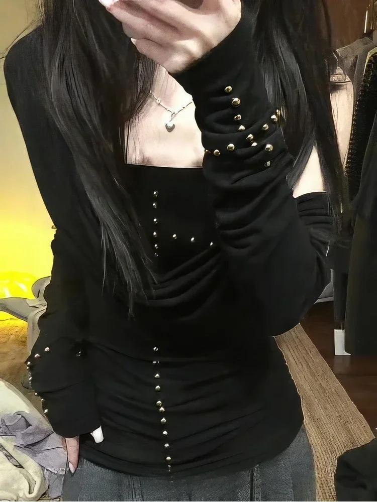 Sexy Harajuku 2025 Ropa Mujer Casual Tshirts Gothic Black Woman T-Shirt Y2k Crop Tops Slash Neck Long Sleeve Tees Fashion Korean