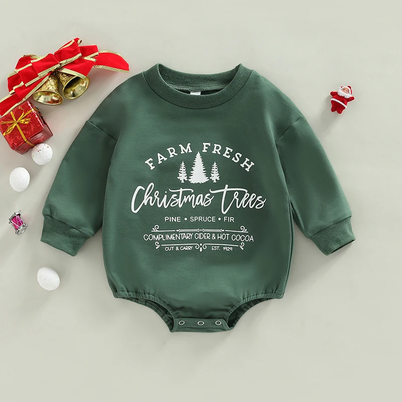 Newborn Baby Girl Boy Christmas Outfit Retro Christmas Tree Crewneck Sweatshirt Romper Oversized Fall Winter Bodysuits Clothes