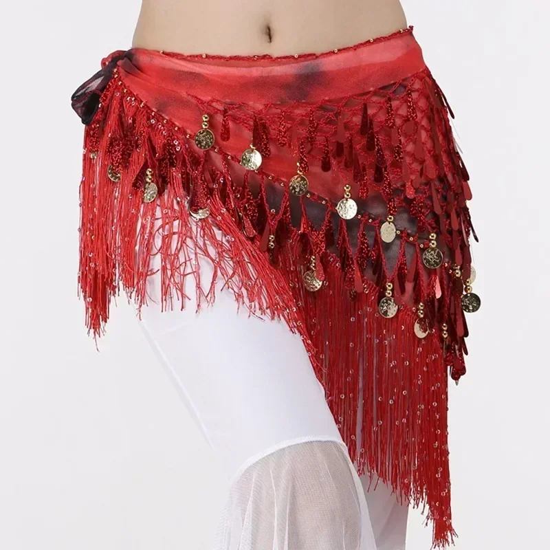 Women Belly Dance Clothing Accessories Teardrop Paillettes Fringe Wrap Elastic Base Tie-Dye Triangle Belts Coins Hip Scarf