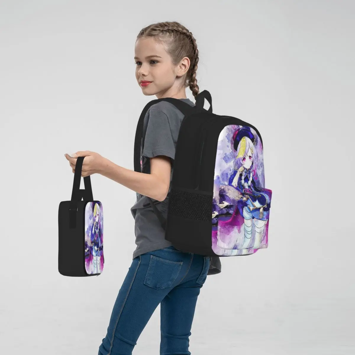 Genshin Impact - Qiqi sacs à dos garçons filles Bookbag enfants sacs d'école enfants sac à dos sac à déjeuner sac à stylos ensemble de trois pièces
