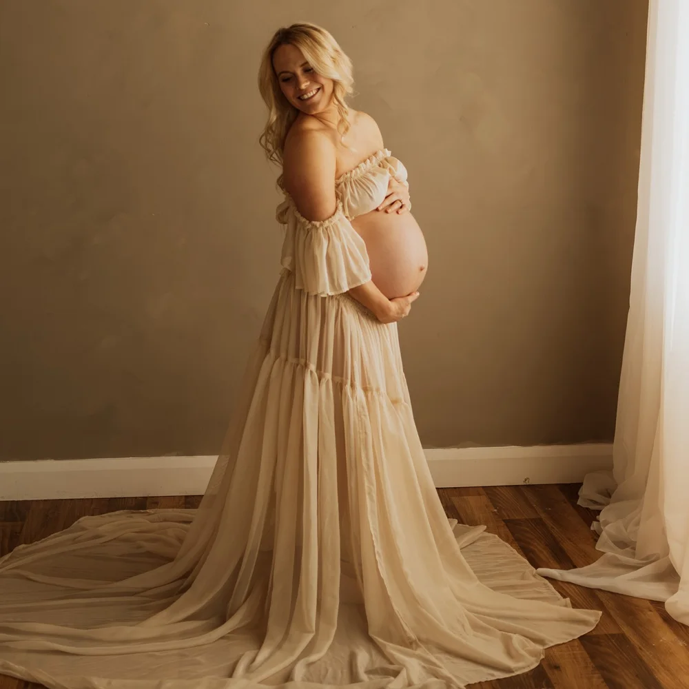 Schwangerschaftsfotografie-Outfit Elegantes schulterfreies, durchsichtiges, ultradünnes Chiffonkleid für Fotoshootings für Frauen