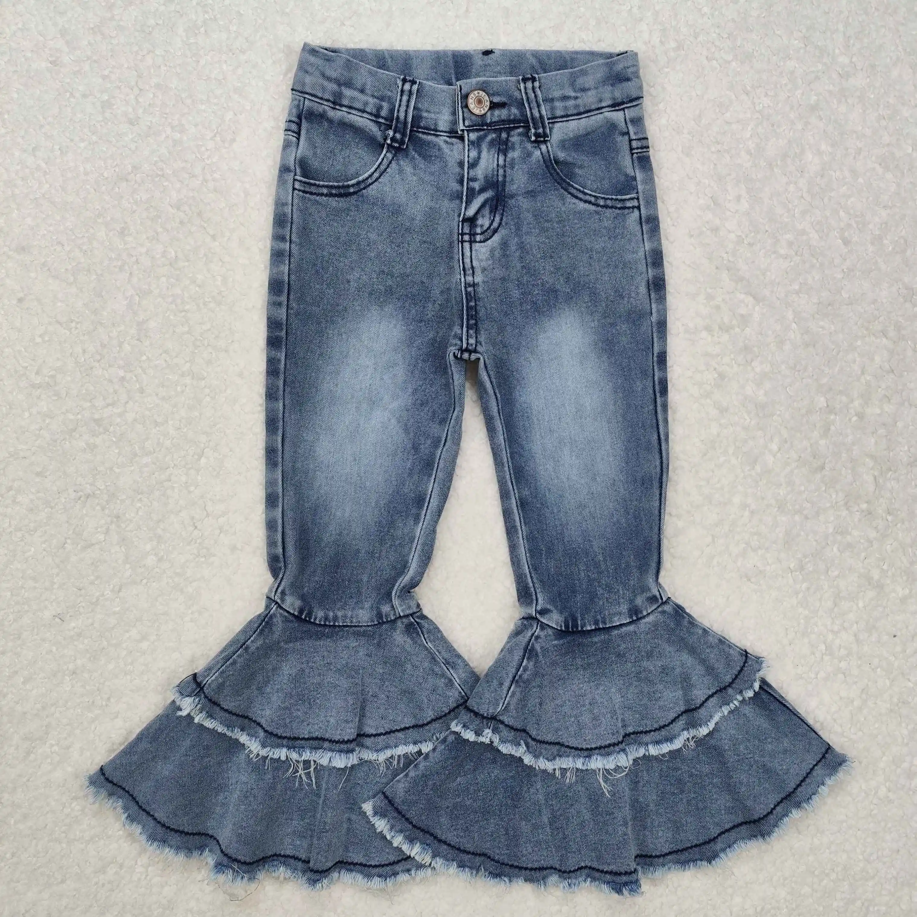 

High Quality Children Baby Girls Blue Ruffle Jeans Toddle Denim Flare Pants Wholesale Kids Fashion Pants