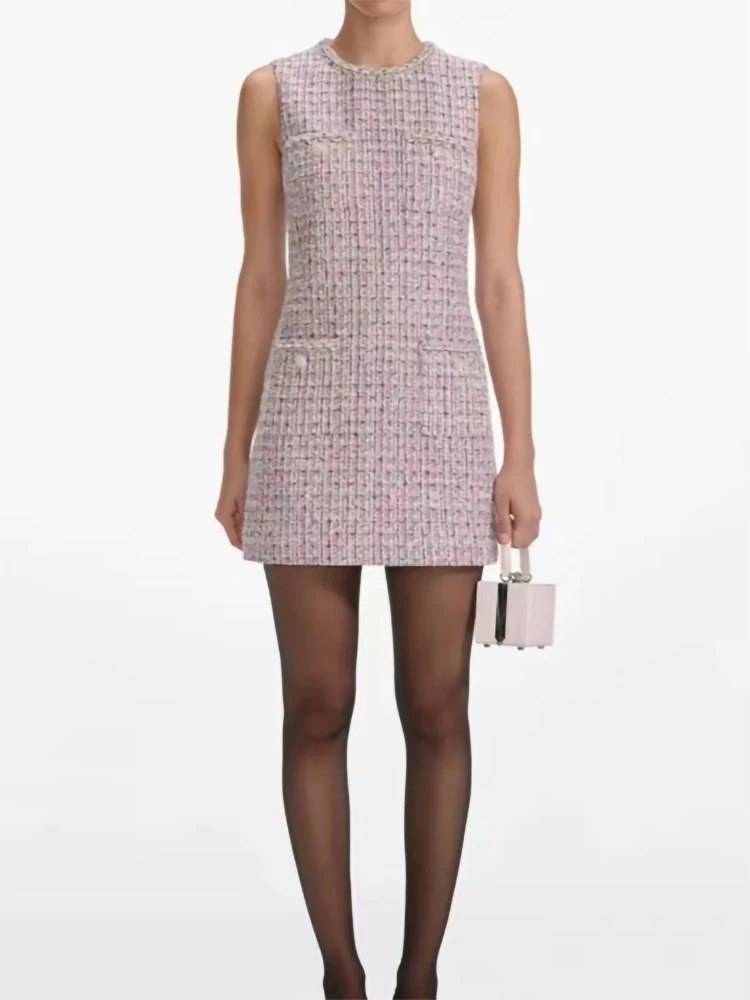 2025 principios de nueva moda mezcla de colores Tweed vestido sin mangas mujeres elegante temperamento cuello redondo decoración de diamantes Mini bata señoras