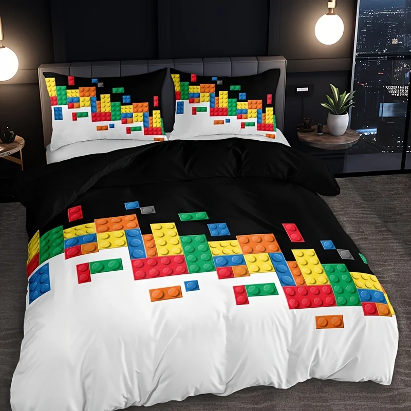 Black and White Colorful Building Block Interlocking Quilt Cover Set Quilt Cover Pillowcases  Four Seasons Home Dormitory