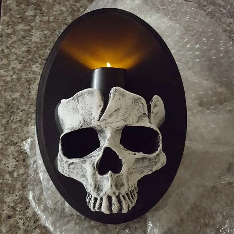 Halloween Skull Head Candle Holder Scary Skeleton Head Wall Mounted Candle Sconce Home Bar Restaurant Decorative Candlestick