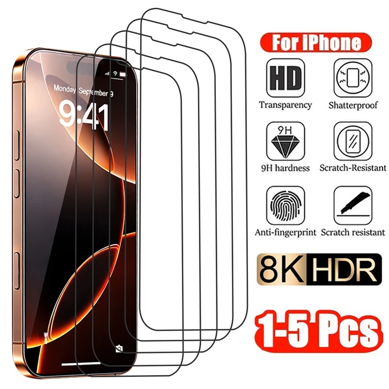 

Tempered Glass Screen Protector 1-5Pcs For iPhone X XS XR 11 12 13 14 15 16 17 Pro Max 6 6S 7 8 Plus Protective Glass