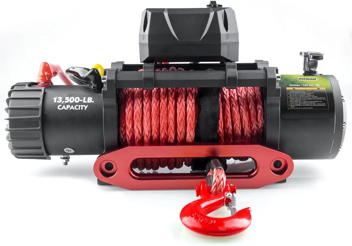 13500lb Waterproof Electric Red Synthetic Rope Winch with Hawse Fairlead, Wired Handle and 2 infrared remote(13500LB RED)