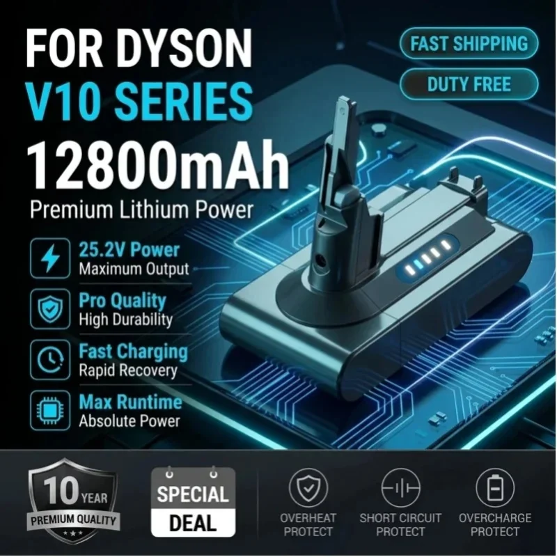 Für Dyson V10 25,2V 12800mAh Schnellladender Staubsauger-Akku der Serie SV07 SV09 SV10 SV12 DC62 Absolute Fluffy Animal Spezieller Wiederaufladbarer Akku