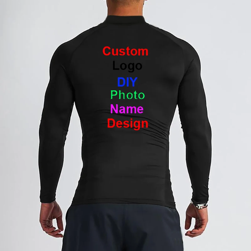 Customized DIY Brand Logo Turtleneck Quick Dry Gym T Shirt Men Fitness Skinny Long Sleeve T-shirt Sports TShirt Tight Clothing