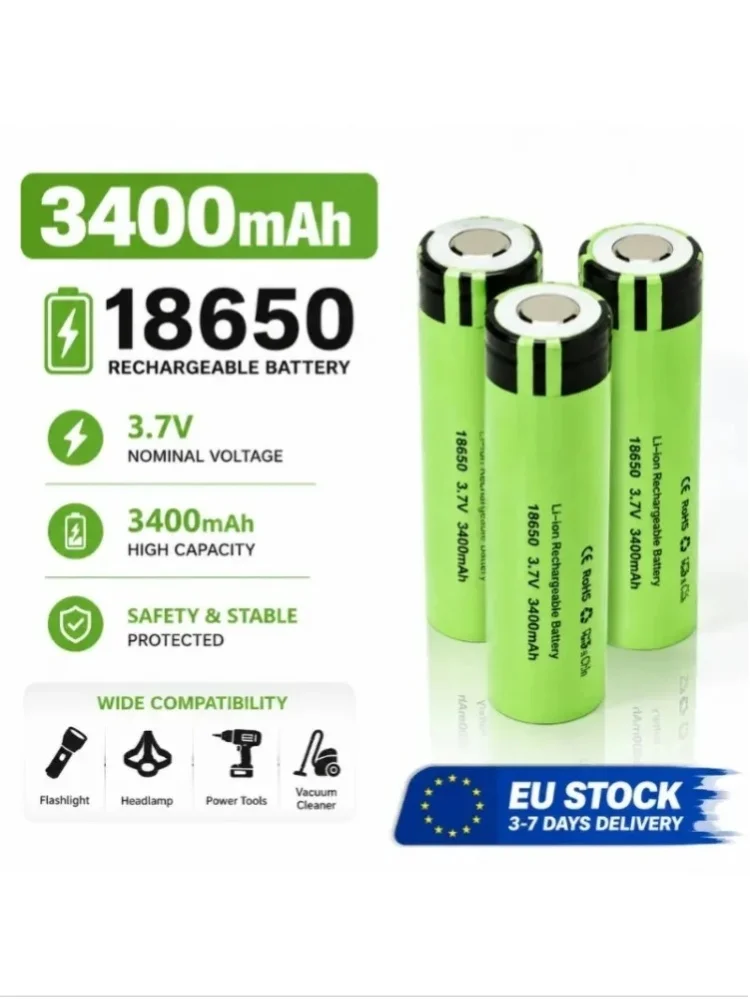 3,7V 3400mAh 18650 Wiederaufladbare Lithium-Ionen-Batterie mit Button-Anschluss, langlebige Energiezelle für Taschenlampe, Stirnlampe, Mini-Ventilator, Rasierer, DIY-Akkupack, EU-Lager, schneller