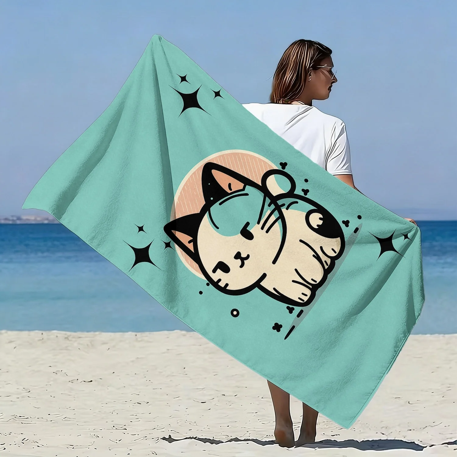 1pc, Oversized Soft Beach Towel in a Cartoon Cat Style, Featuring a Star Print Design, Made of Ultra-Fine Microfiber, Quick-Dryi