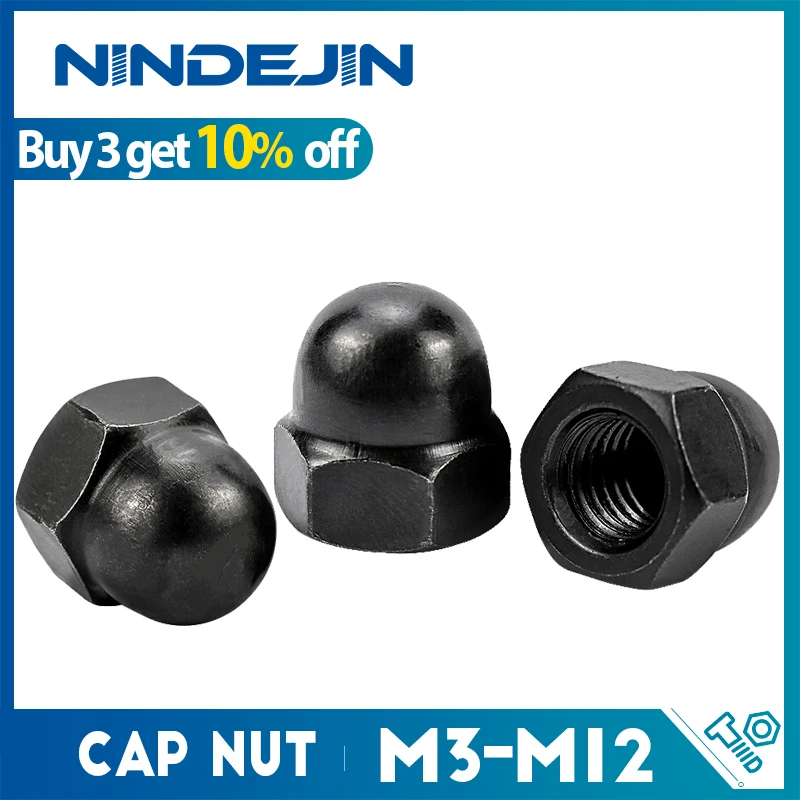 NINDEJIN 6-80pcs Acorn Cap Nut M3 M4 M5 M6 M8 M10 M12 Black Carbon Steel Dome Nut Cover Cap Nuts DIN1587