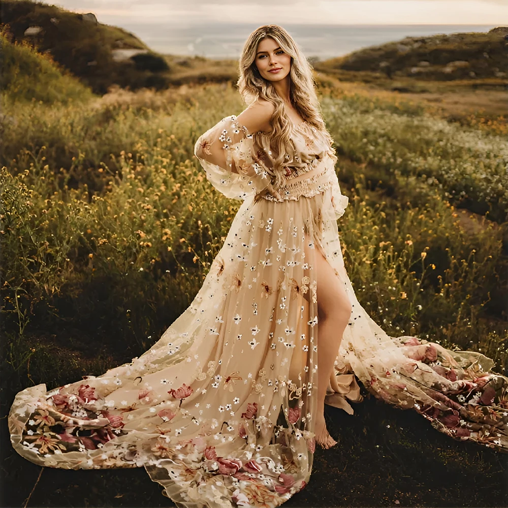 

Custom Color Boho Off Shoulder Lace Maxi Dress for Photoshoot with Elastic Waist Brides Dress Beach Photo Shoot Outfits​ YEWEN