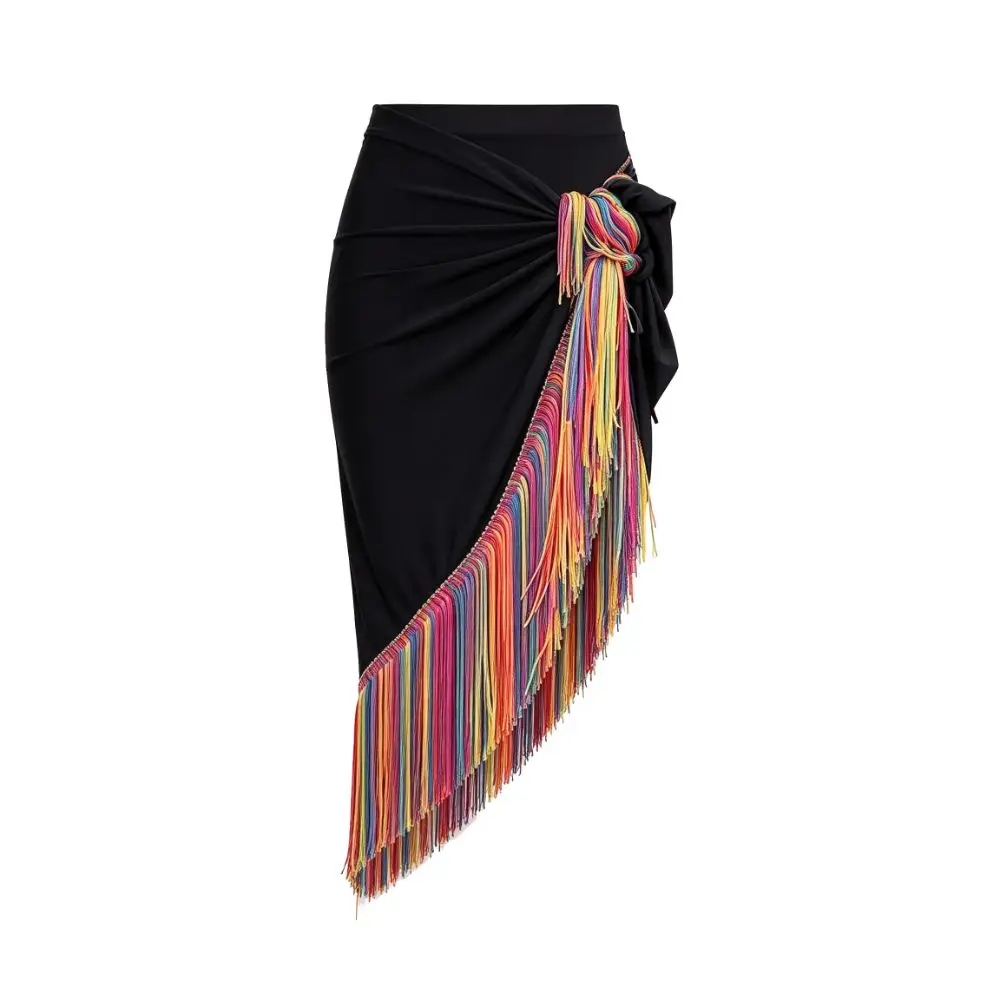 Irregular Hem Latin Dance Skirt Colored Fringe Square Strap Fringed Dance Skirt Tie-On Closure Fringed Texture