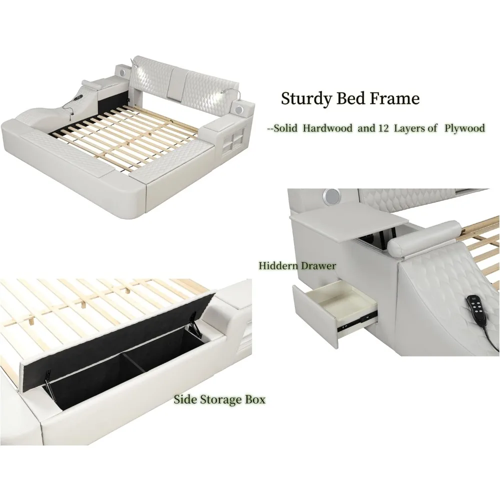 Cama inteligente King Size, sillón reclinable de masaje con marco de cama de cuero multifuncional/cabecero ajustable/altavoz musical/puerto USB/espacio de almacenamiento