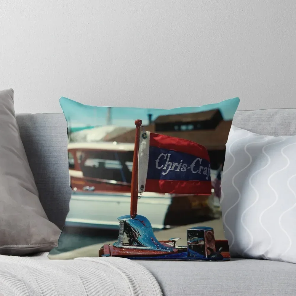 Chris Craft Flag with Wooden Boat in background Throw Pillow pillow cover luxury Pillow Cases