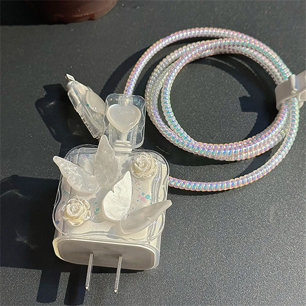 Cute 3D White Butterfly Flower USB Cable Protector Cover for IPhone 15 14 13 18W/20W Data Line Bite Head Cord Fast Charging Case