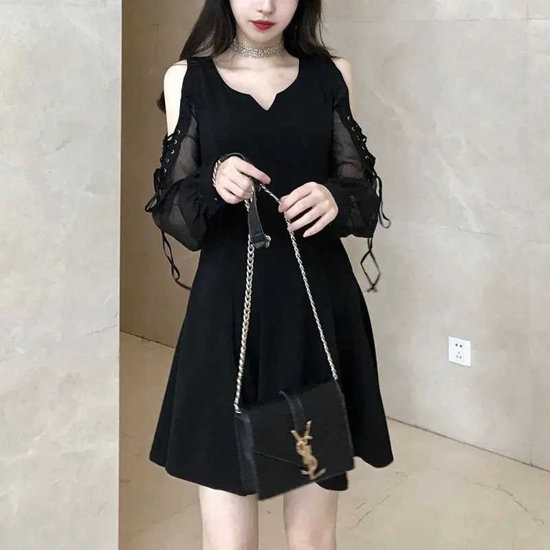 Elegant Off Shoulder Drawstring Dresses Women\'s Clothing Long Sleeve Casual V-Neck Spring Autumn Solid Color A-Line Mini Dress