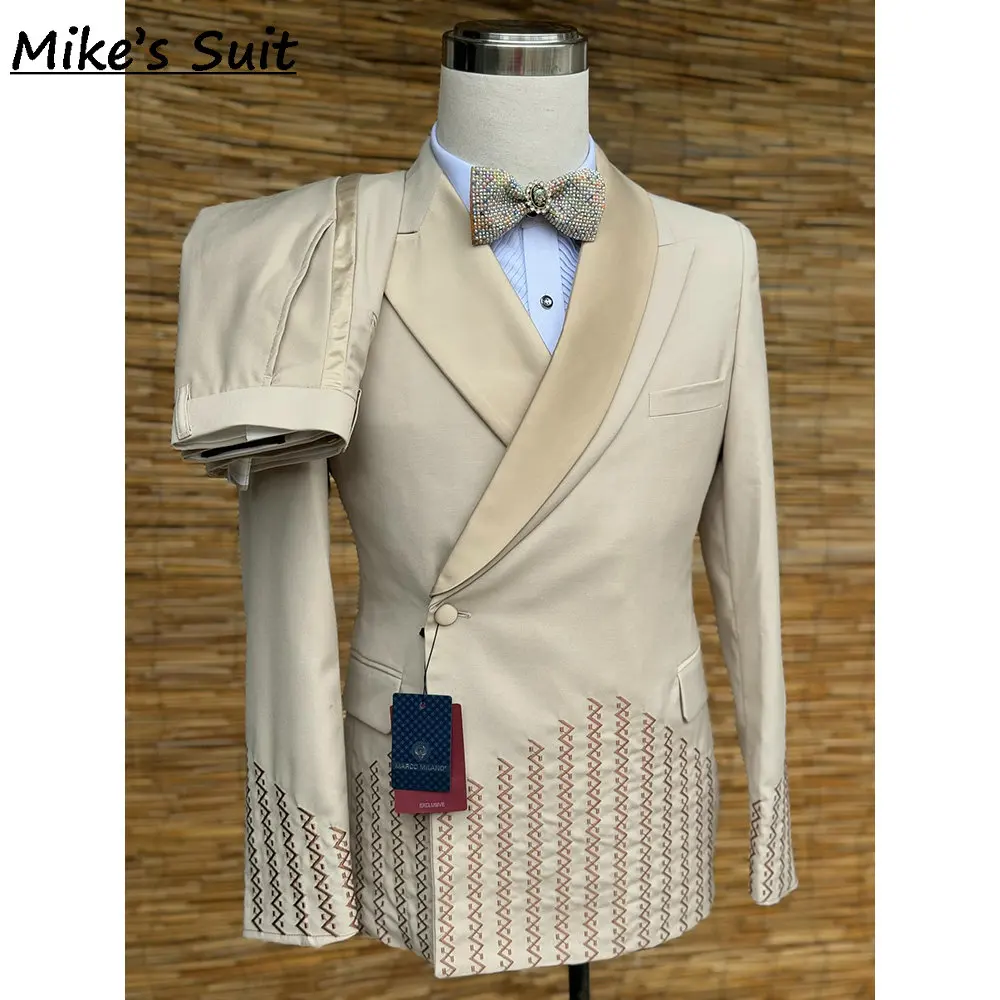 Traje de negocios con bordado champán para hombre, ropa para novio de boda, trajes de graduación para hombre, Blazer, conjunto de 2 piezas, chaqueta + pantalón