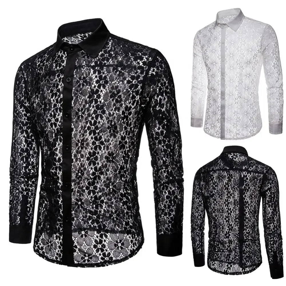 

Turn Down Collar Cotton Men Shirts Long Sleeve Buttons Shirt Men Solid Color Sexy Lace See Through Clubwear Down Shirt