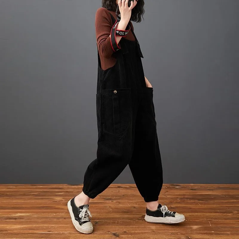 

Plus size women's corduroy one-piece trousers, autumn winter new casual bib pants, female Casual jumpsuit retro literary pants