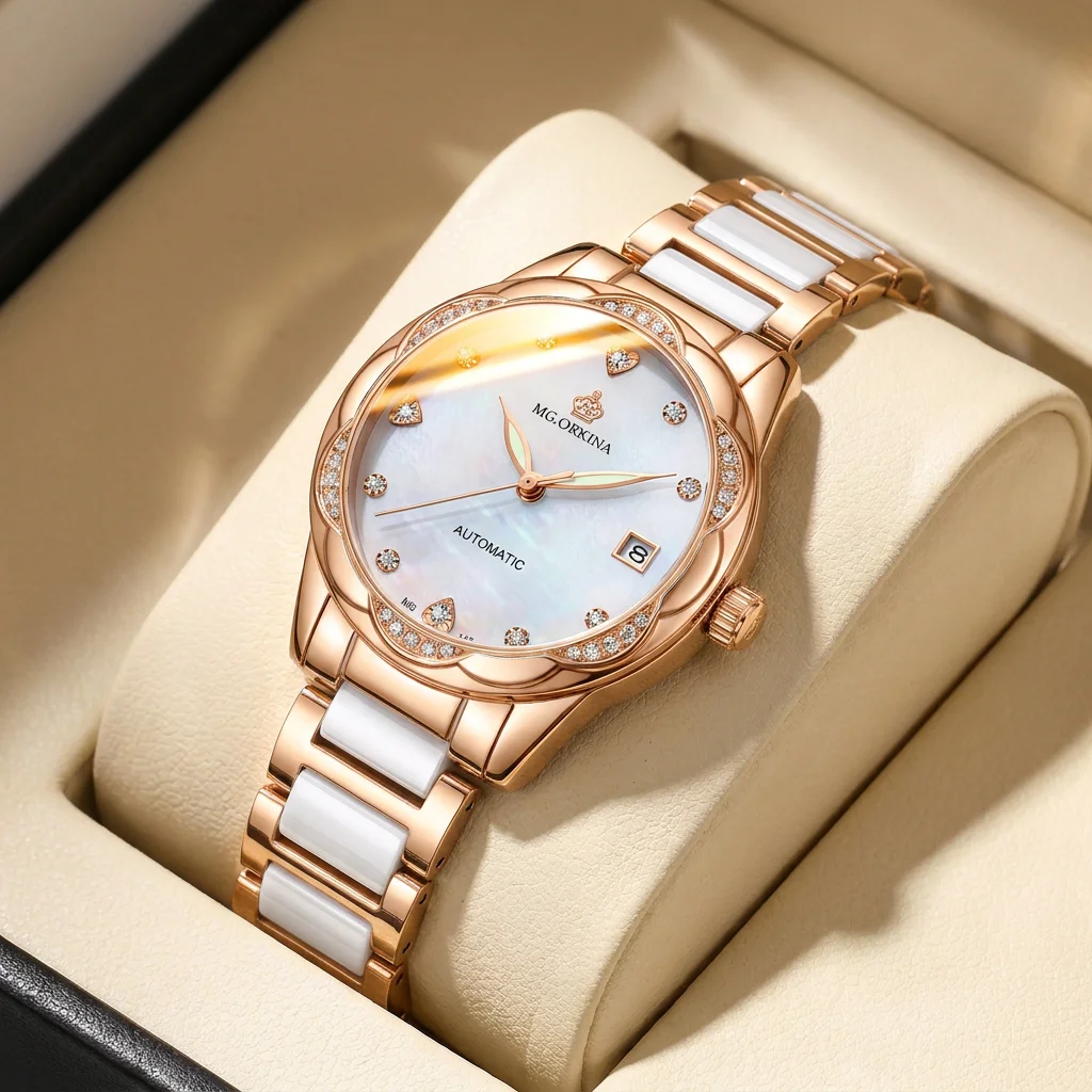 1pcs Women's white dial stainless steel strap vintage fashion skeleton gear luxury details Mechanical Watch for business party h