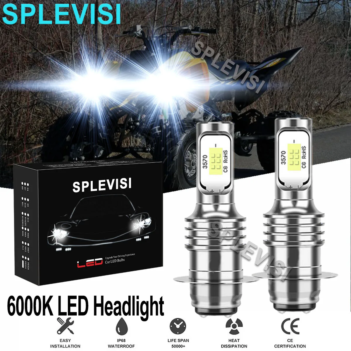 2x70W Pure White LED Motorcycle Headlight Bulbs 6000K  Kit For Yamaha Raptor 125 250 660R 700R YFM660R  Motorcycle led