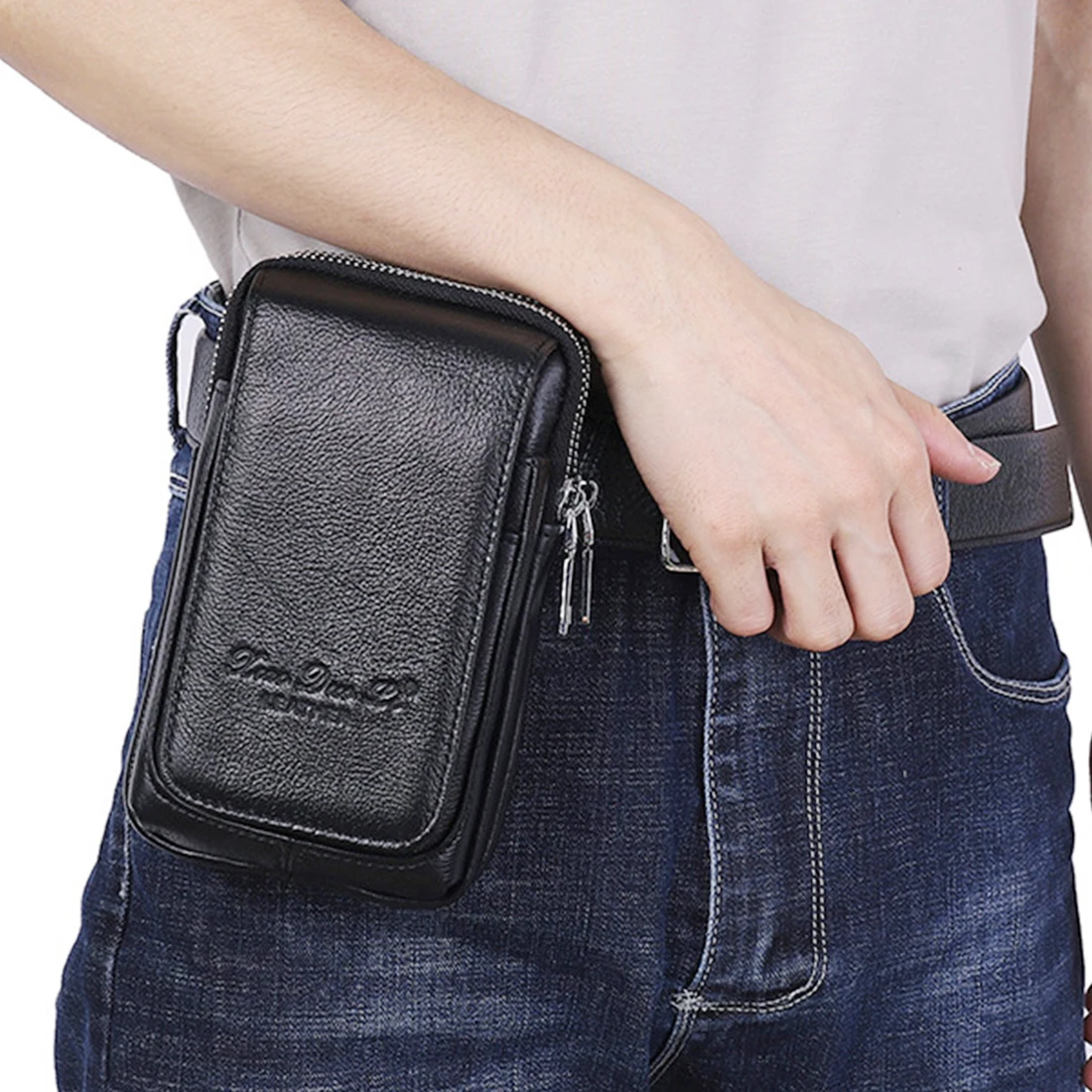 Men Cowhide Genuine Leather  Cell/Mobile Phone Cover Case skin Hip Belt Bum Purse Fanny Pack Waist Bag Pouch