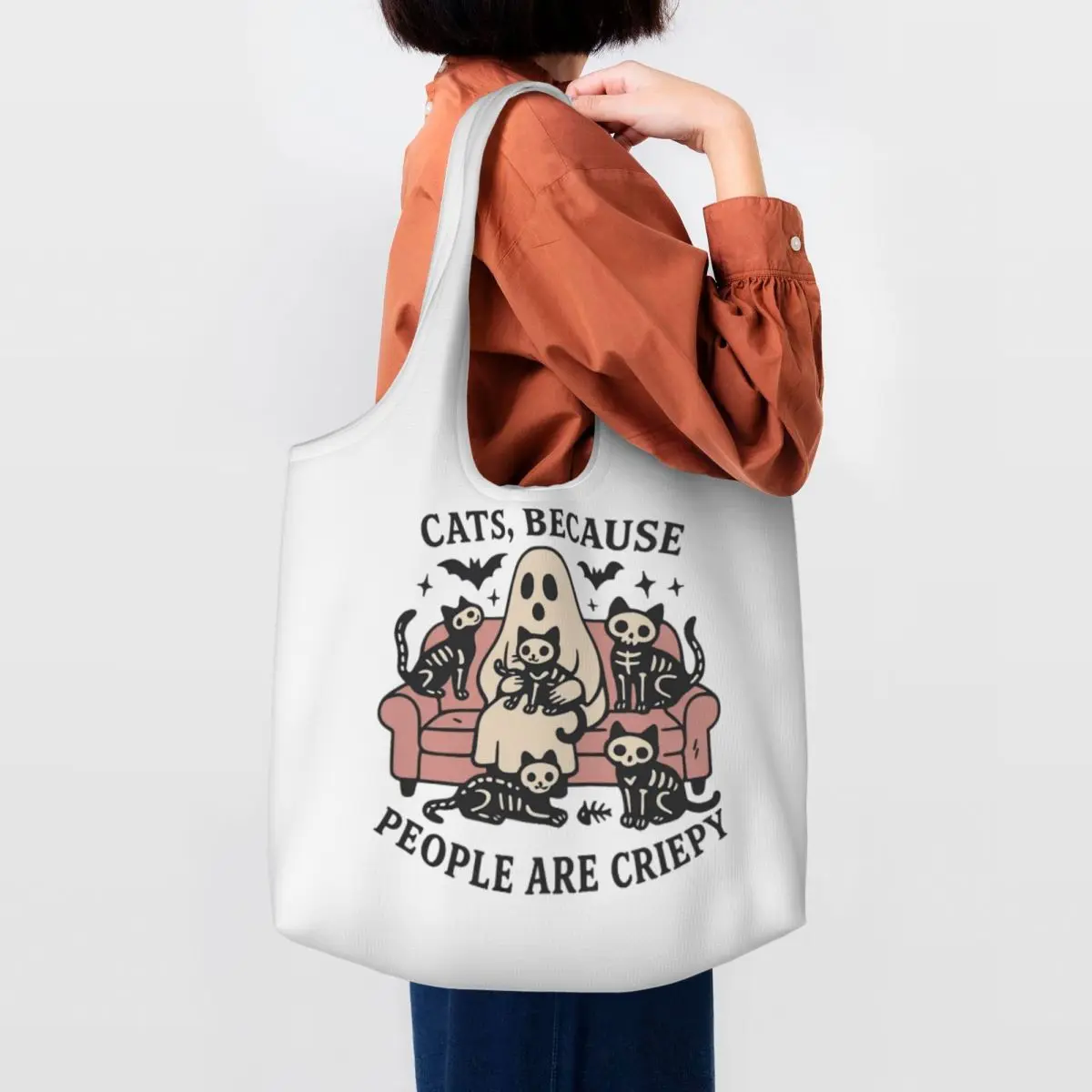 Creepy Cats And Ghostly Tales Funny Halloween Print Cotton Tote Bag - Casual Commuter Shoulder Bag for Grocery Shopping