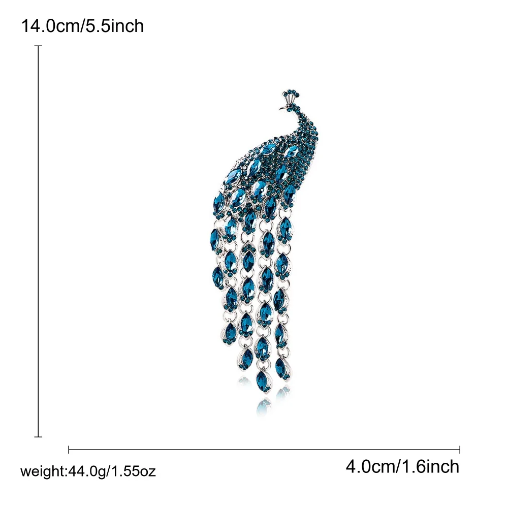 Vintage Long Tail Peacock Brooch Pin with Tassel for Women Luxury Crystal Rhinestone Animal Pin Elegant Sweater Accessories