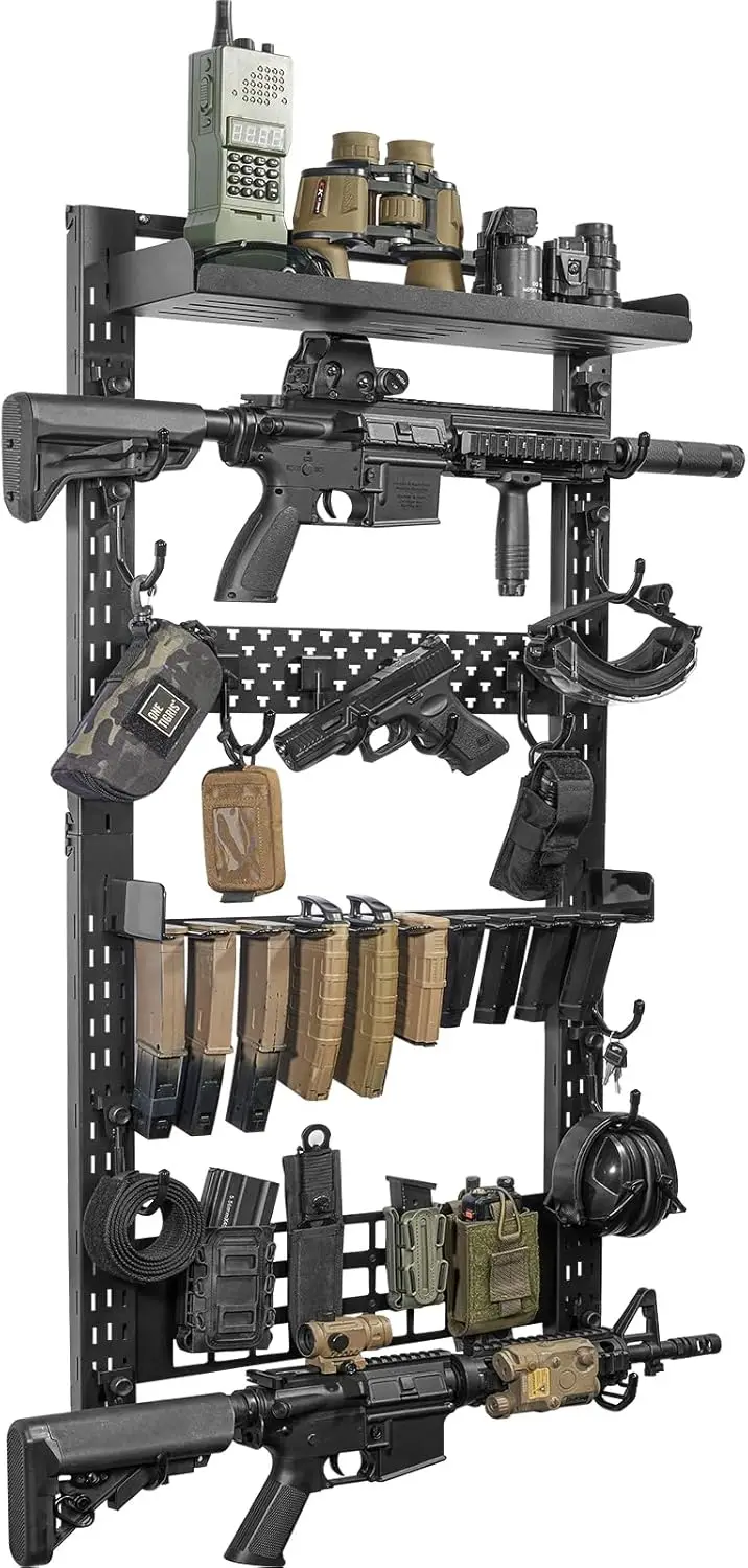 

Wall Mount Gun Rack with Shelf and Removable Accessories Tray for Indoor Storage