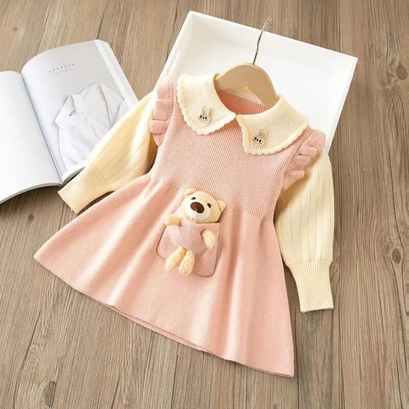 

Платье-свитер для девочек, детское платье-свитер с плюшевым мишкой, кавайный повседневный комплект пальто, модная одежда из 2 предметов, женская одежда для девочек
