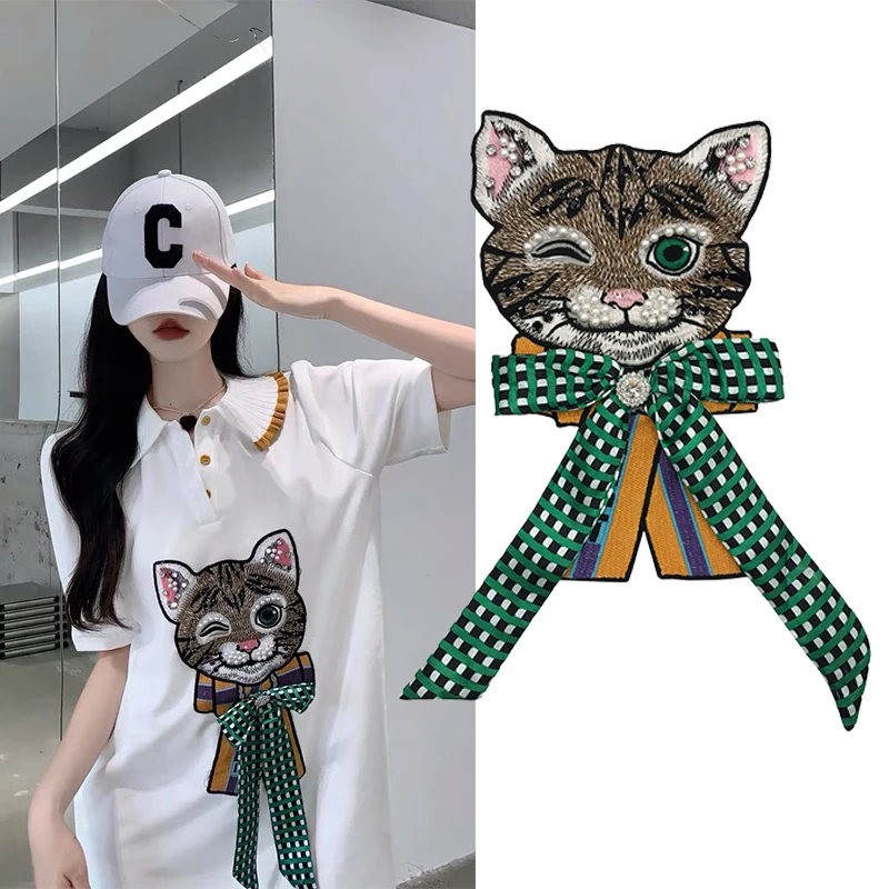 1Pc Green Bow Cat Patch For Clothing Jacket Accesorios Bordado Embroidery Broderie Parche Para La Ropa 27*17cm