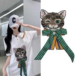 1Pc Green Bow Cat Patch For Clothing Jacket Accesorios Bordado Embroidery Broderie Parche Para La Ropa 27*17cm