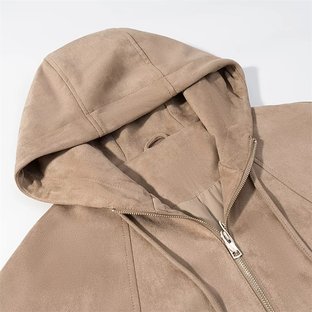 New autumn and winter women's casual loose suede texture effect hooded long sleeved solid color pilot jacket jacket