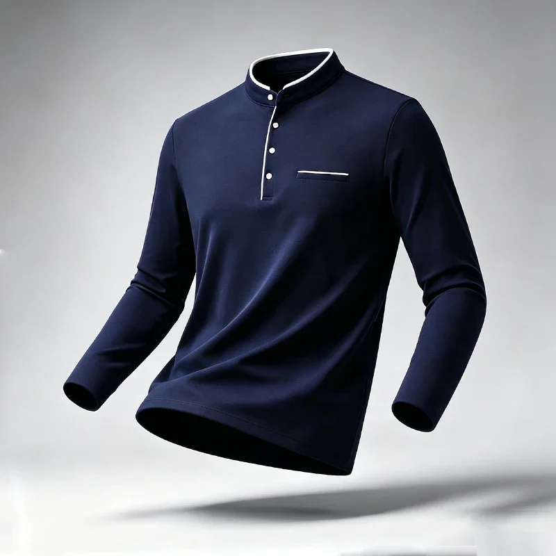 Men Mandarin Collar Long Sleeve Polo Shirt Button Placket Chest Pocket Soft Fabric For Urban Daily Commute Street Casual Outfits