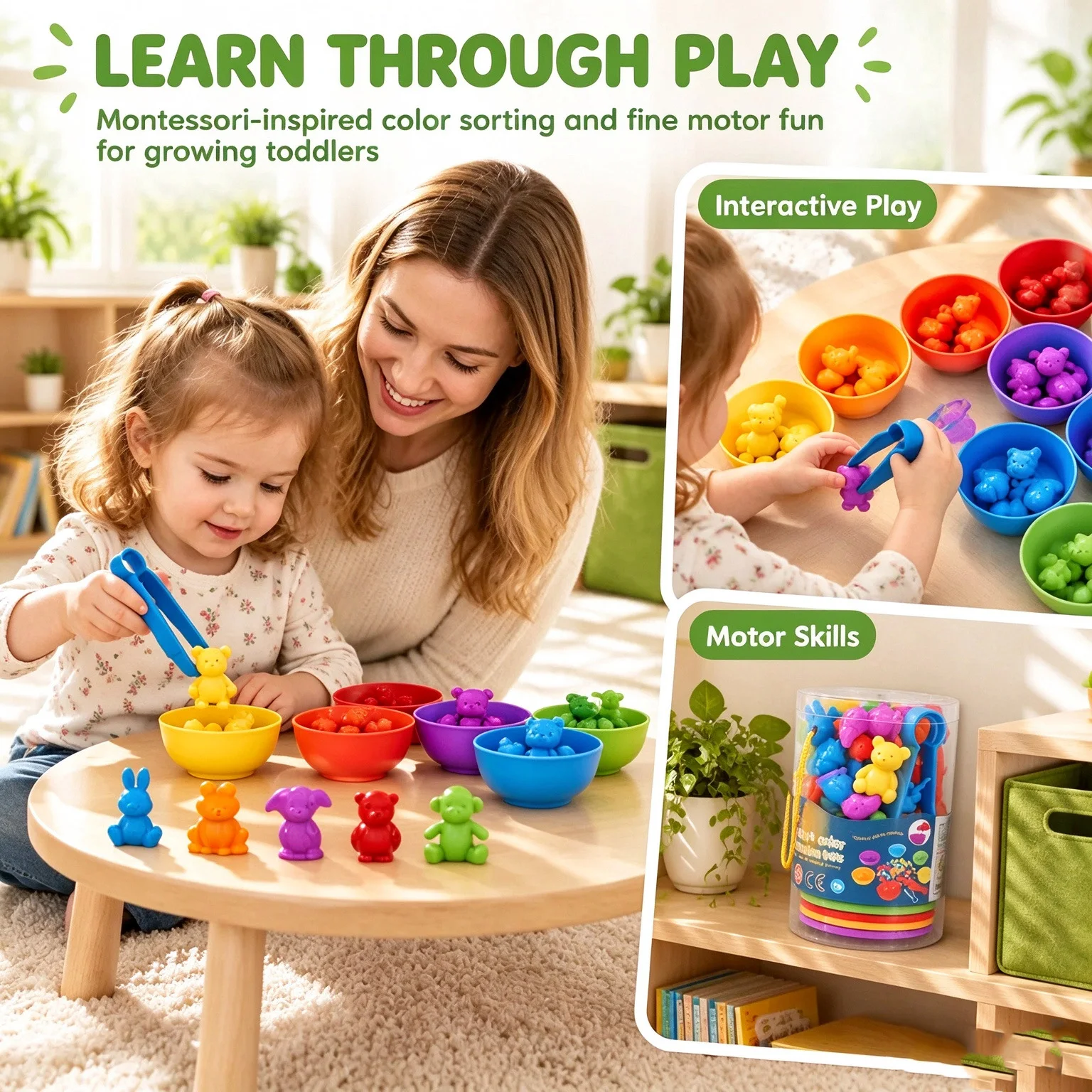 Counting Bears Color Sorting Toy with Tweezers and Sorting Bowls, Montessori Fine Motor Skills Educational Toys for Toddlers 3+,