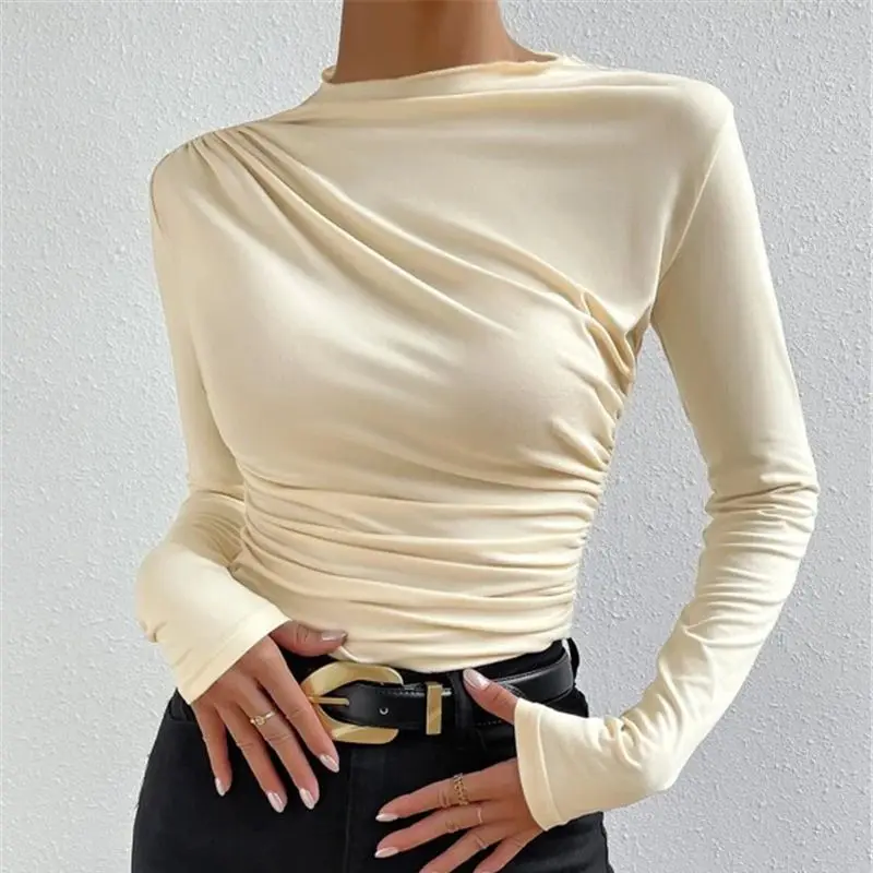 

Color Slim Fit Pleated Long Sve T-irt Women's Top Street Sle Pure Color Elastic Fabric High Collar Autumn Faion