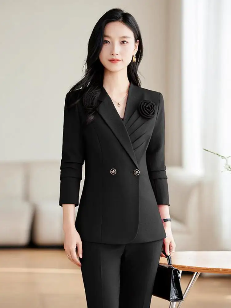 

Spring Autumn Women Solid Elegant Long Sleeves Double Breaste Office Cardigan Blazer Coat And High Waist Pant Work Two-piece Set