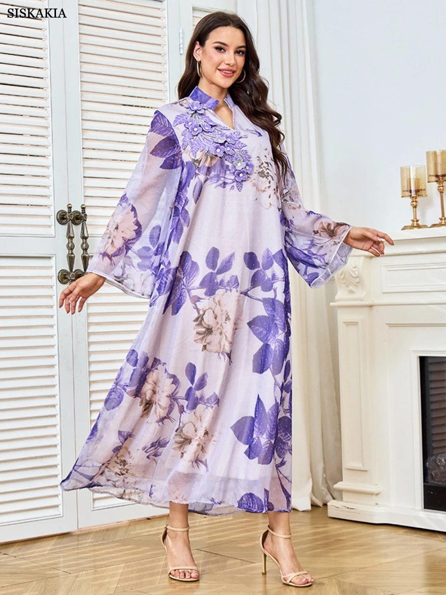 

Siskakia Dubai Floral Embroidery Dress Muslim Beaded Kaftan V-Neck Rhinestone Decorated Abayas Moroccan Women Clothes