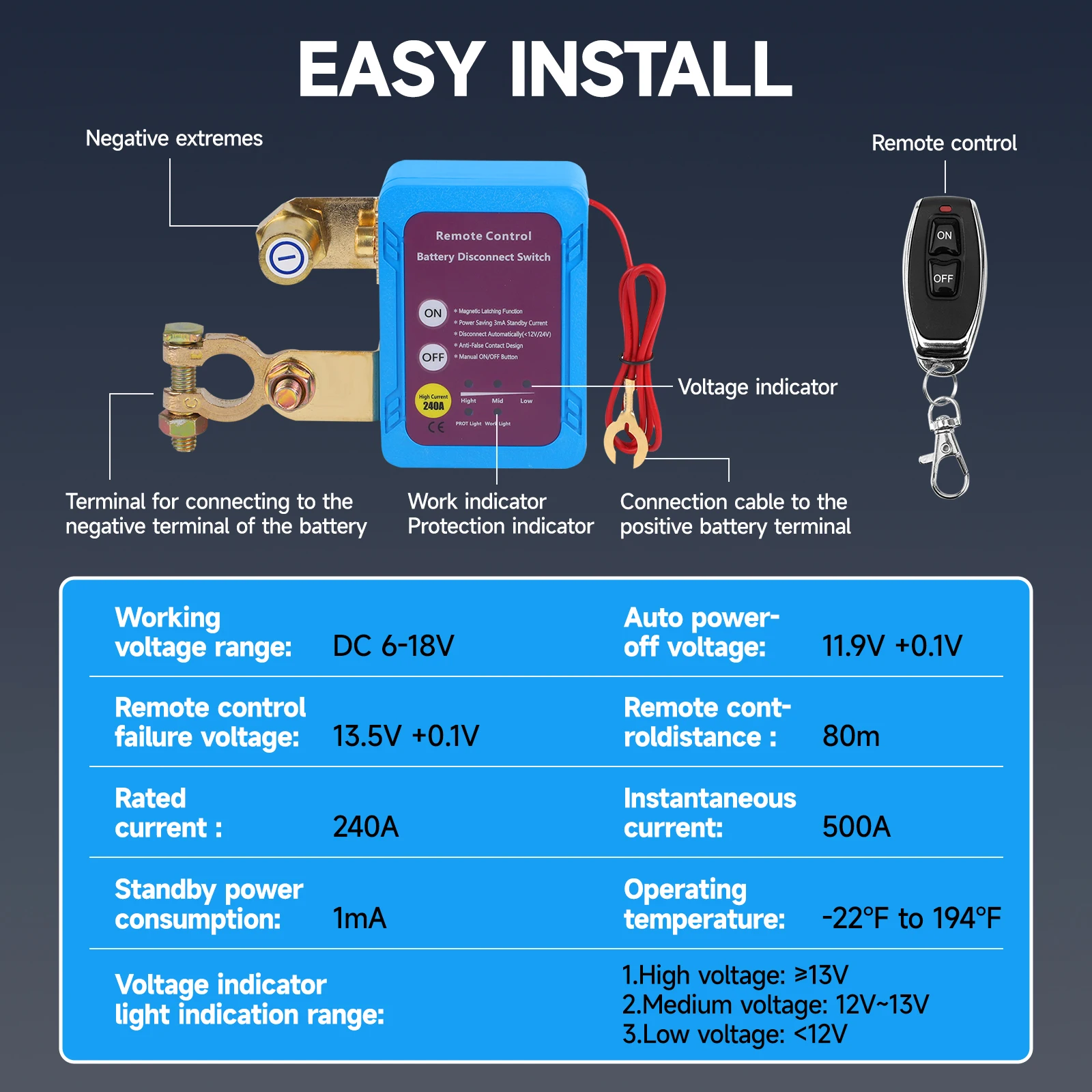 For Car Truck RV 1 Set Car Kill Switch Anti-Theft Remote Battery Disconnect Switch 12v 240A with Smart Voltage for Car Truck RV
