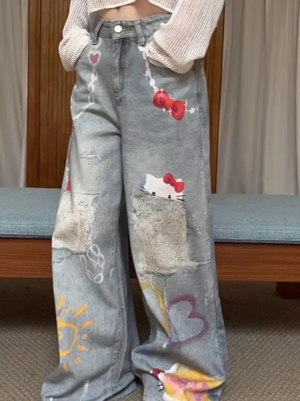 Hot Hello Kittys Jeans Cartoon Wide Leg Pants Version Streetwear Jean Women Fashion Vintage Loose Y2K Straight Trousers Gift